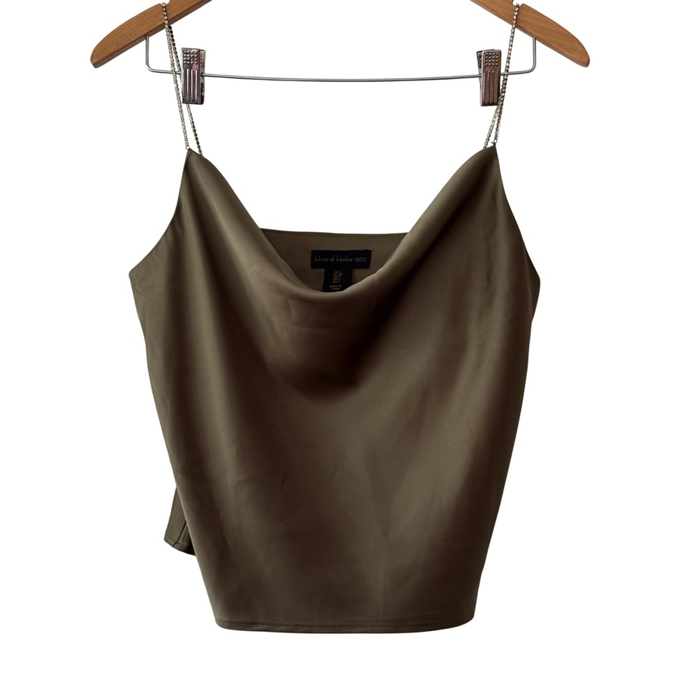 House of Harlow Y2K Olive Green Satin Cowl Neck Cami Rhinestone Chain Strap S